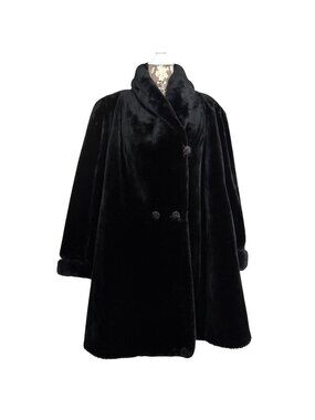 Fabulous Furs Black Faux Mink Fur Swing Pea Coat Womens M Made In USA